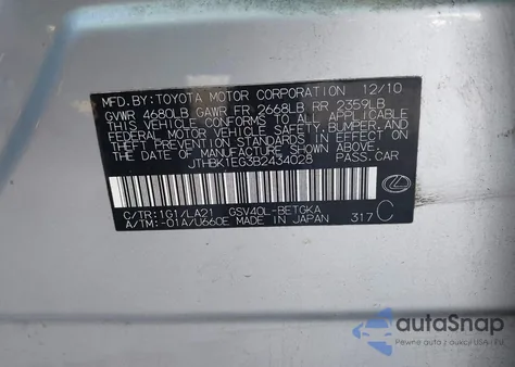 2011 Lexus Es 350 из США, поврежденный, VIN JTHBK1EG3B2434028